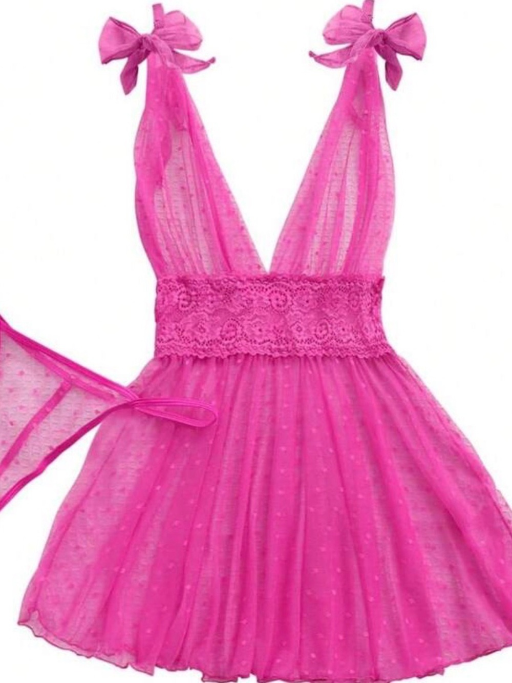 SHEIN Hot Pink Sheer Lace-Trim Babydoll Chemise